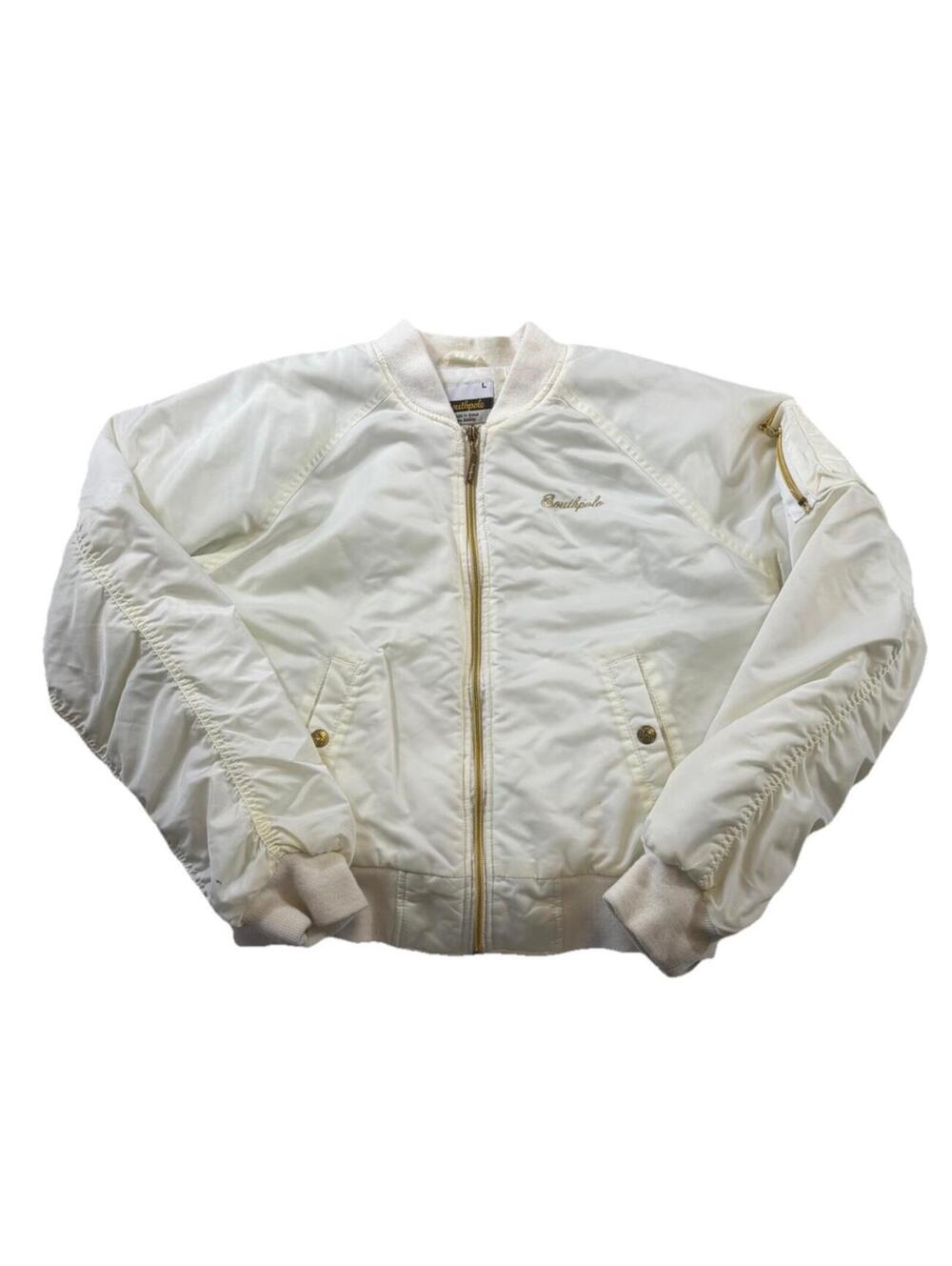 Y2K Southpole White Cropped Bomber Jacket women’s L Zipper Logo Lined Pockets